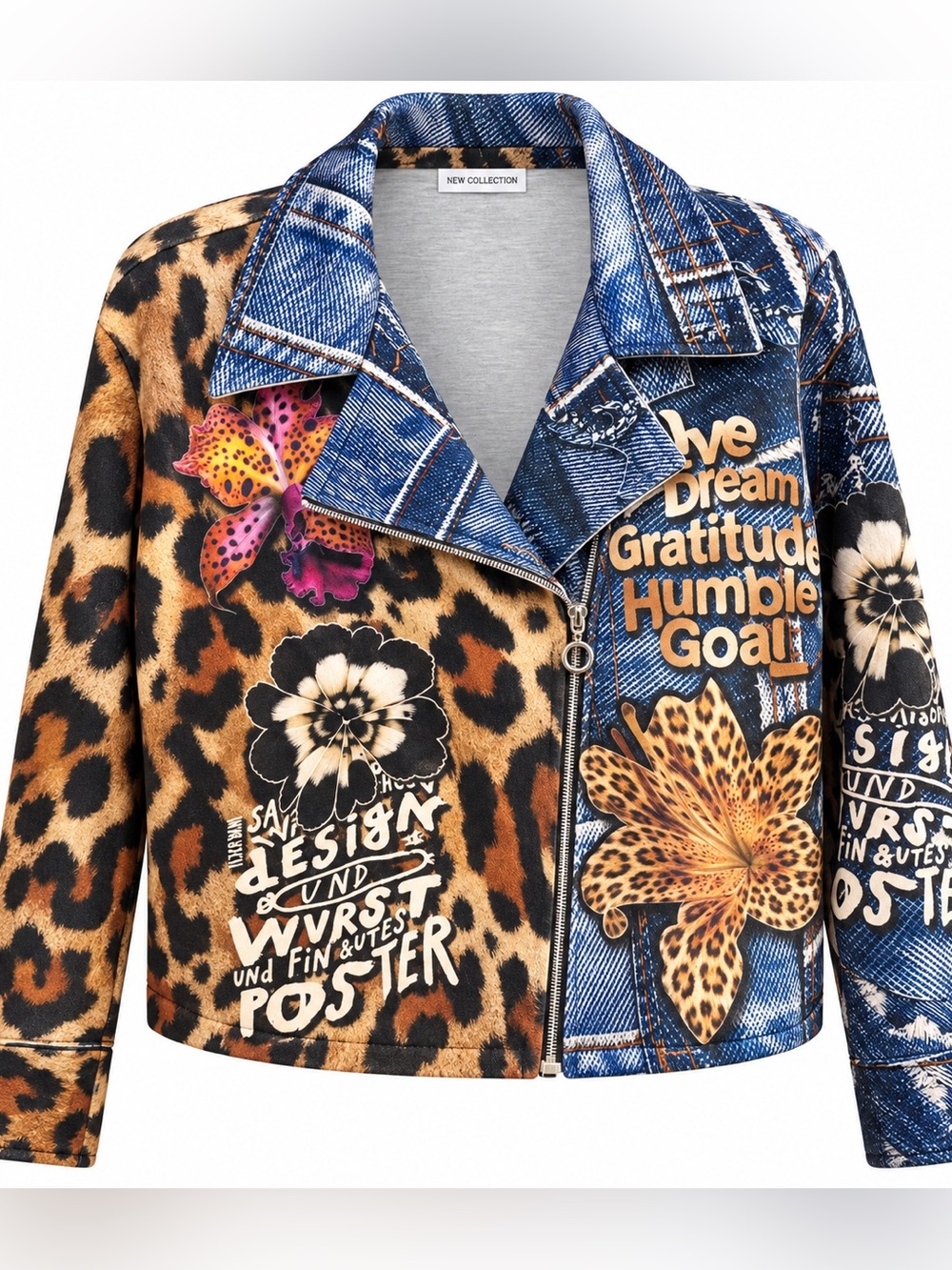 F48. From Italy 🇮🇹 Leopard Print Mixed-Media Moto Jacket - Blue & Brown